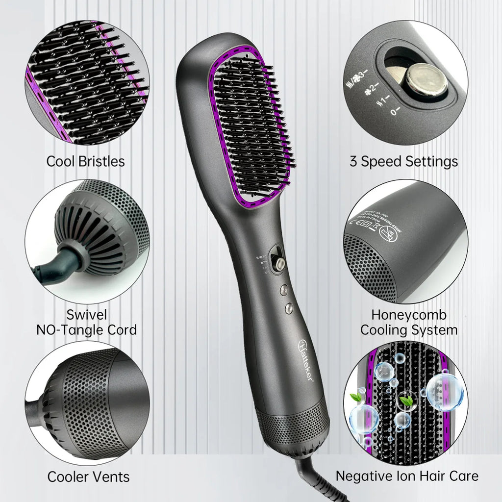 Hatteker grey electric hot air brush with 3 heat settings, tangle-free cord, and negative ion hair straightening comb.