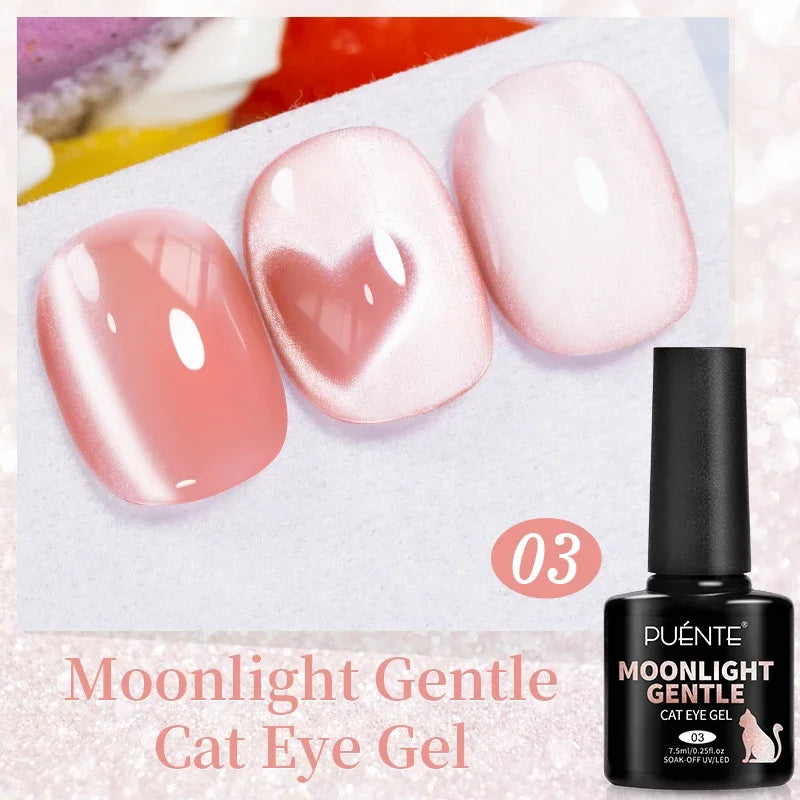 Moonlight Gentle Cat Eye Gel shade 03 with three pink, shimmery oval nail samples featuring a magnetic heart design.