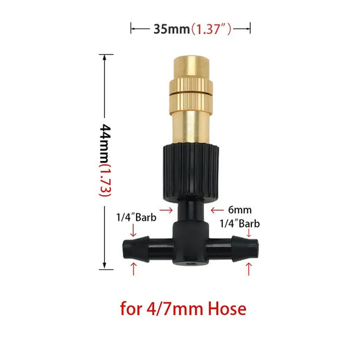 Adjustable brass mist nozzle tee with black body and dual 1/4in hose barbs, size labeled