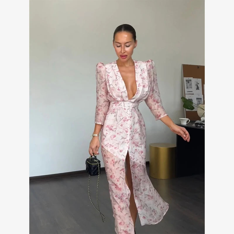 Fashion Sexy Organza Floral Printed Maxi Dress V-neck Puff Sleeve 2026 New Summer Romantic Women Party Gown Elegant Lady Vestido
