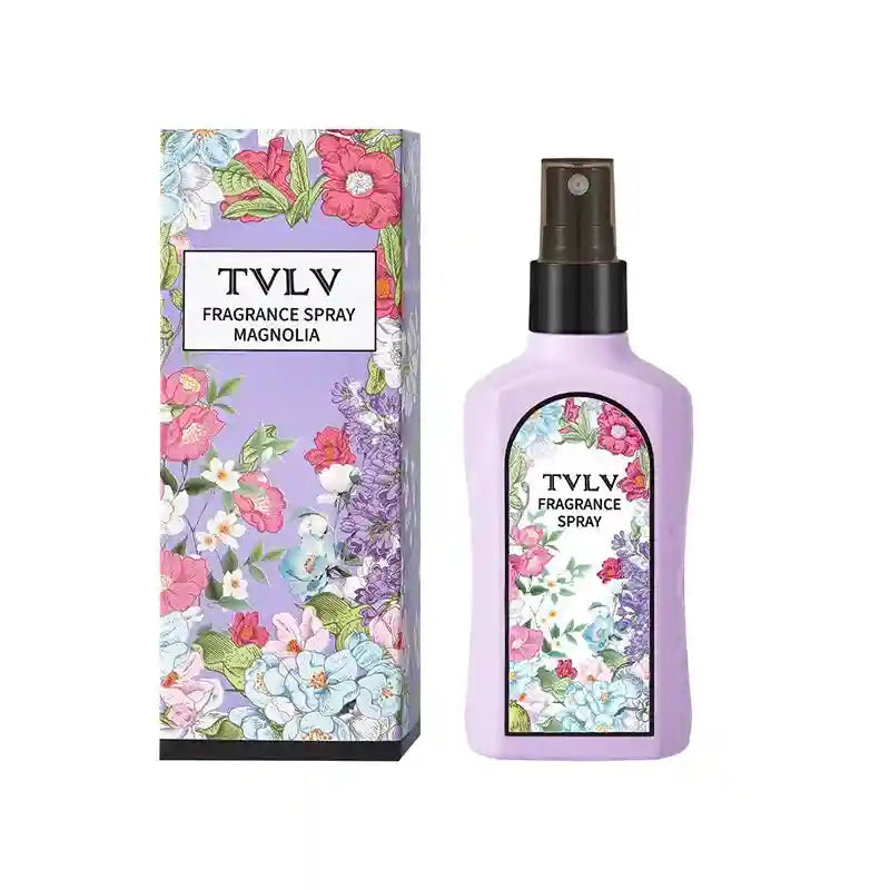 TVLV Magnolia fragrance spray for women. Long-lasting floral scent in a purple bottle with botanical floral art design.
