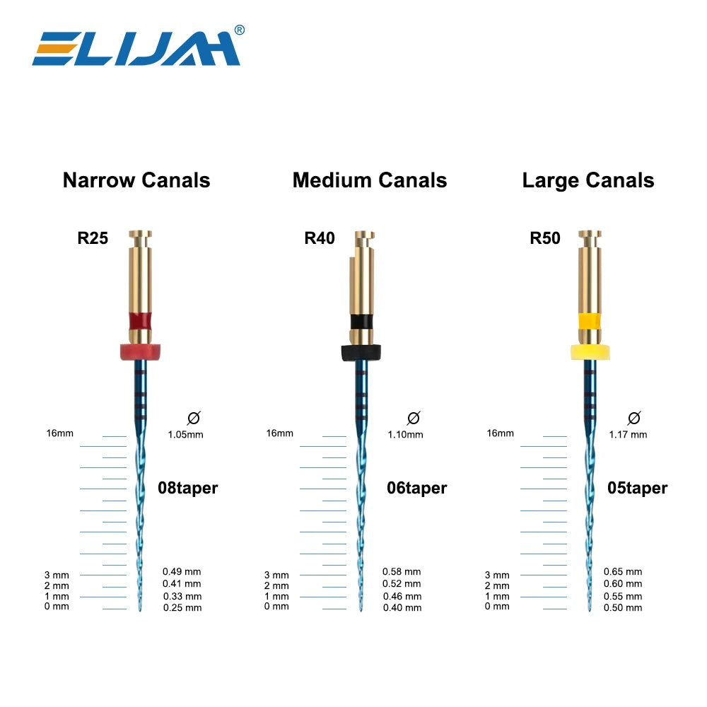 Endodontic rotary files with gold-colored handles and blue tapered tips for root canal preparation.