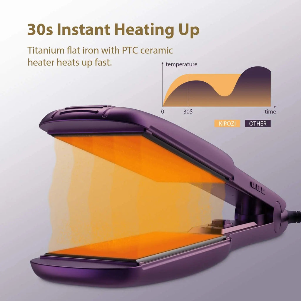 KIPOZI purple professional titanium flat iron with instant 30s heat-up for fast hair straightening and styling.