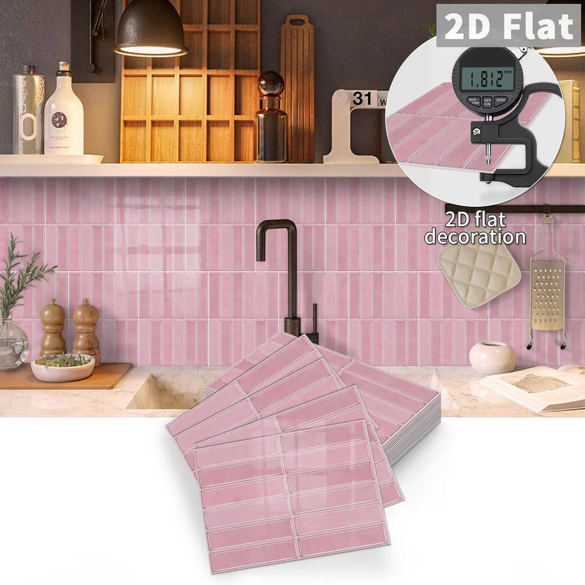 Self-adhesive tile decals, 2D flat grid sheet in pastel pink with outlined grout lines