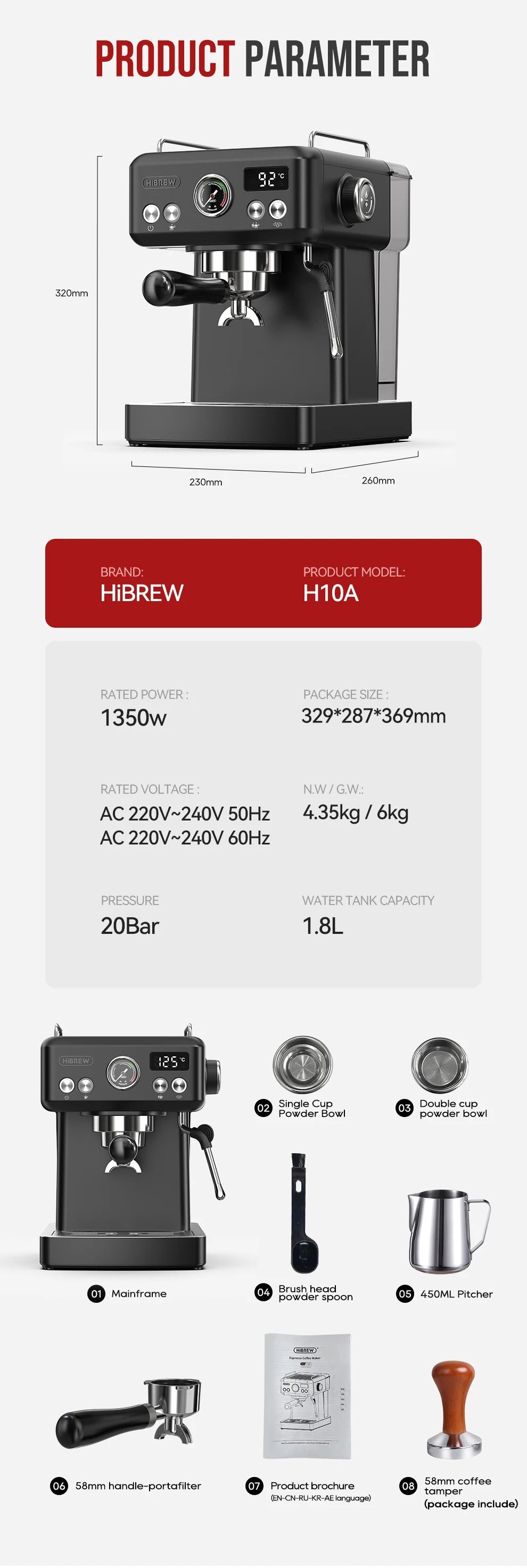 HiBREW H10A black espresso machine, 20 bar pressure, 1.8L tank, with 58mm portafilter and milk pitcher accessories.