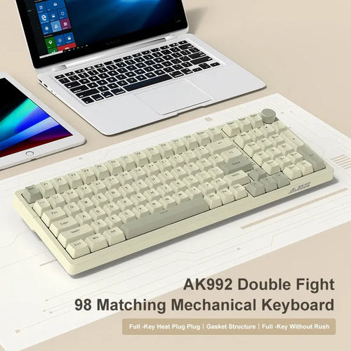 AK992 retro 98-key mechanical keyboard with a two-tone beige color scheme, multimedia knob, and desk mat.