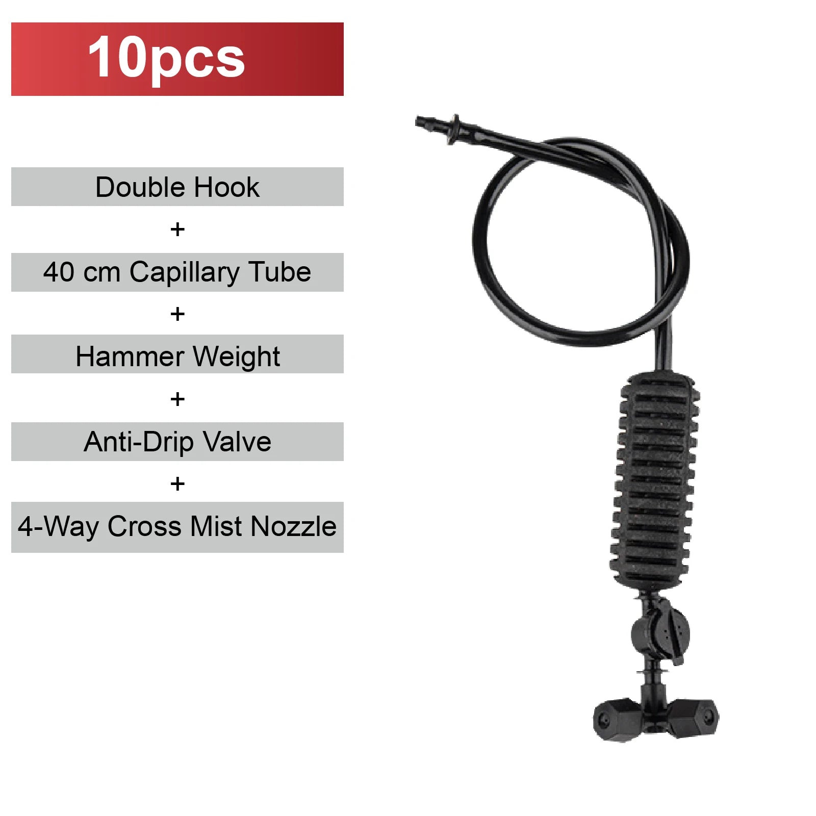Black 4-way cross mist micro sprinkler nozzle kit with capillary tube and double hook, square mount
