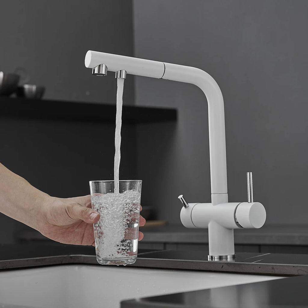 White Hot Cold Filter Kitchen Sink Faucets 3 Ways Pure Water Pull Out Kitchen Sink Mixer Tap Brass Filter Kitchen Sink Faucet