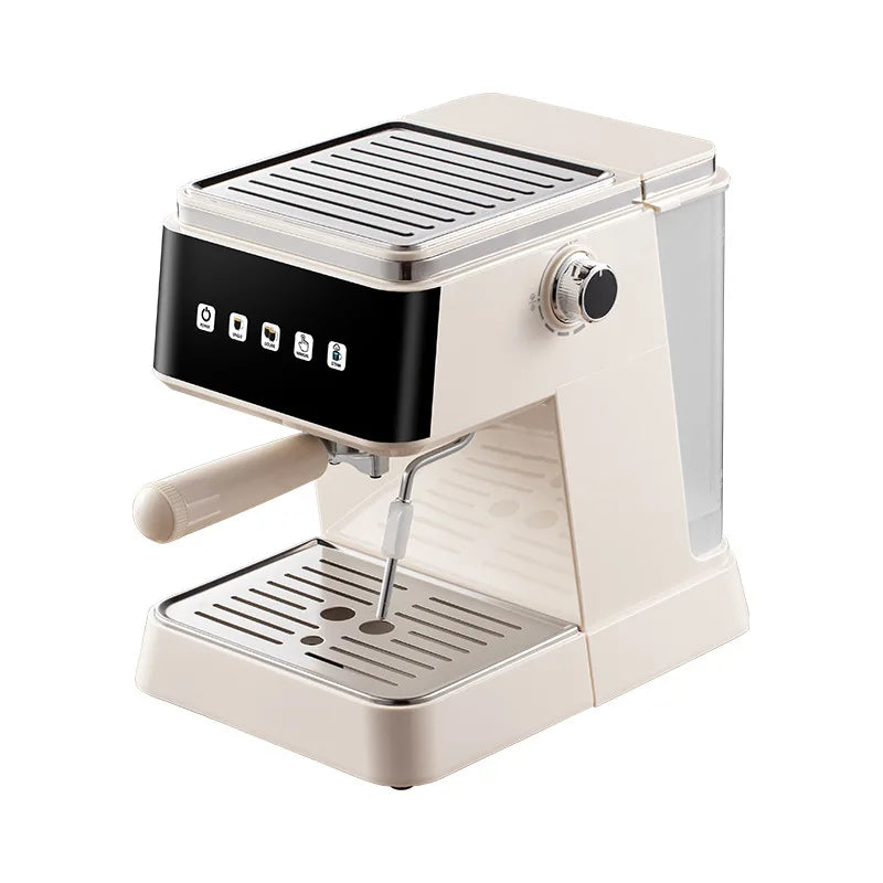Cream-colored espresso coffee machine with touch control panel, steam wand, and metal drip tray on white background.