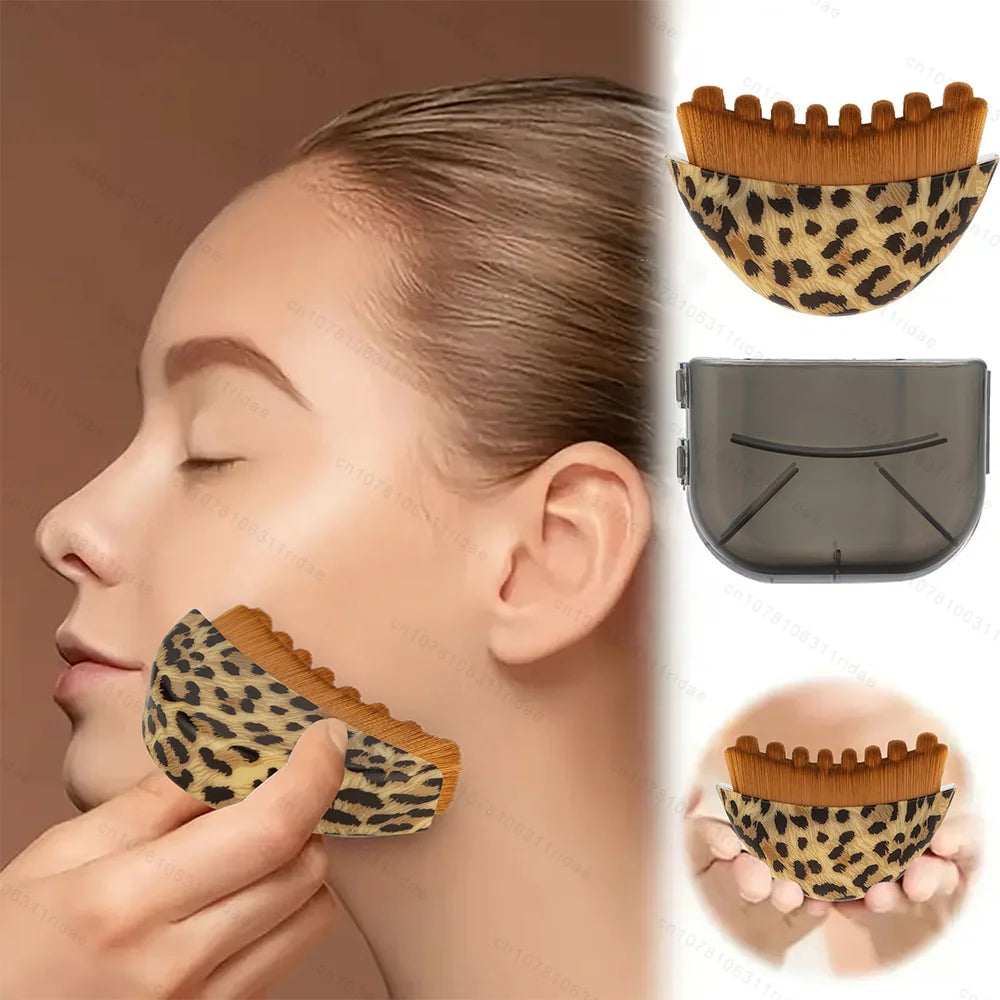 Leopard print lymphatic contour face brush with brown bristles, shown held against a person's jaw and with a case.