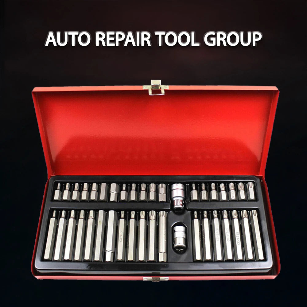 40PCS Torx Hex Spline Bit Socket Set with 1 Pair Work Gloves, CR-V Steel Drive Bits with Red Metal Storage Box, Professional Auto Repair Mechanic Tool Kit Compatible with Ratchet Wrench, Electric Drill for Garage DIY Househol