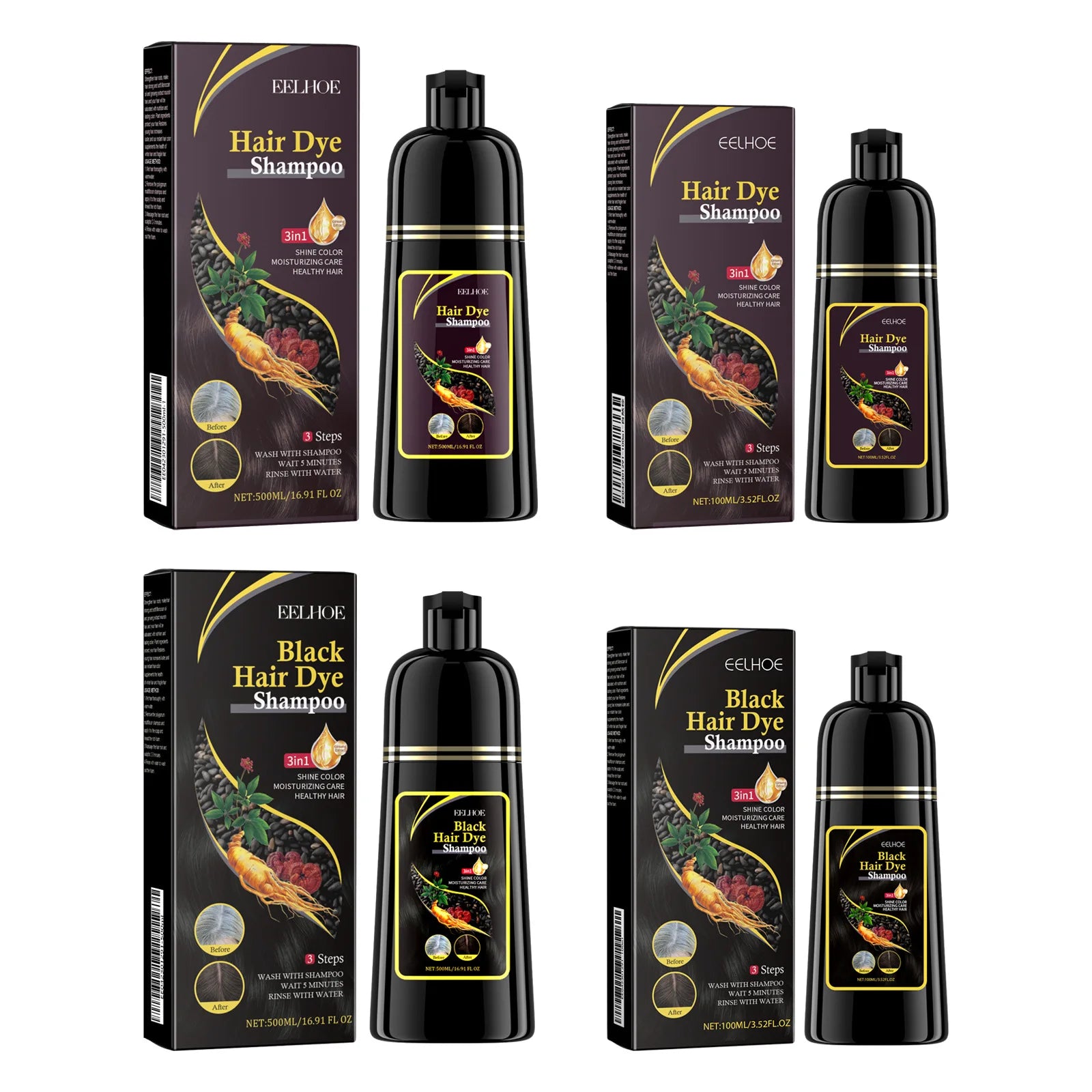 EELHOE White Hair Darkening Shampoo Covers Gray Hair Dye Cleaning Smooth Ginseng 3 in 1 Strengthen Hair Shampoo Color Changing