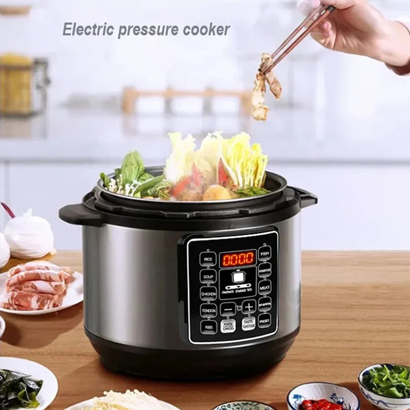 Stainless steel electric pressure cooker with black control panel and lit display