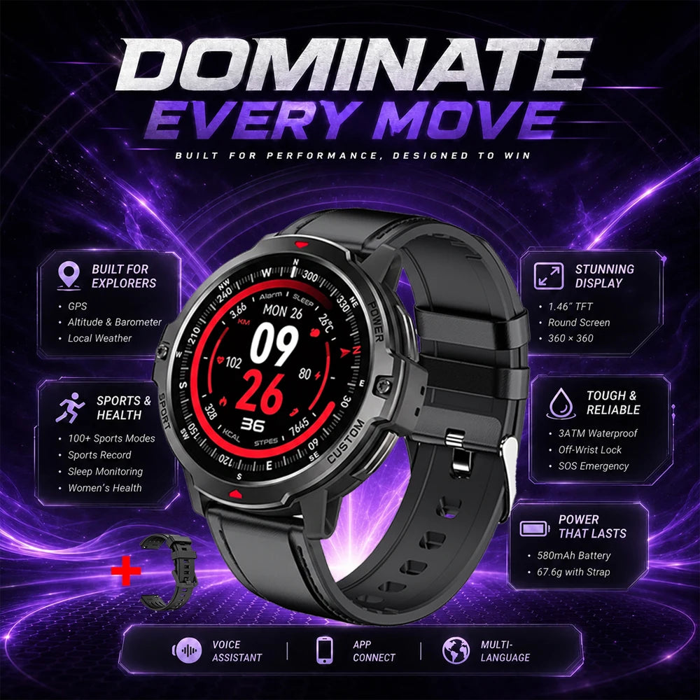 Black GPS smartwatch with round display on link bracelet strap in a promo layout
