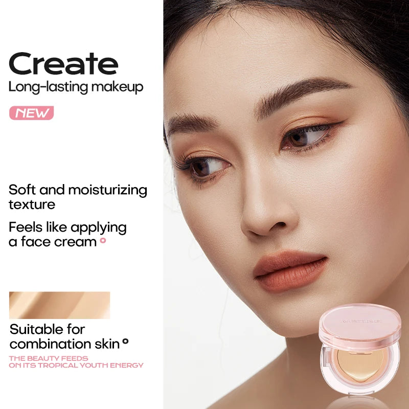 Tidesmit Mistine air cushion foundation detail view showing dewy moisturizing coverage for combination skin