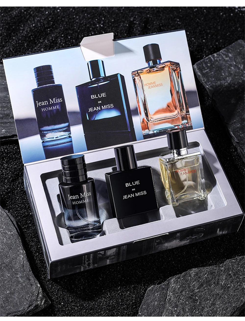 Jean Miss 3pc men's cologne gift set. Square glass bottles, long-lasting masculine EDP perfumes for gift giving.
