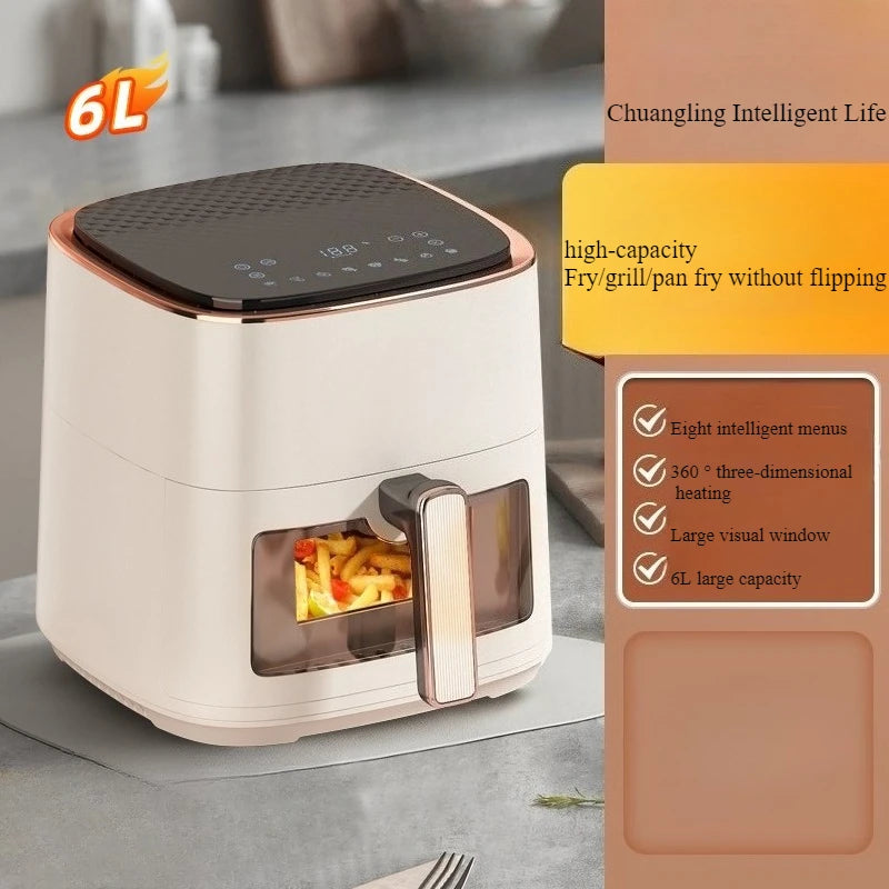 220V Air Fryer Household New Intelligent Large Capacity Visual Non Flip Oil Free Multifunctional Electric Oven Machine