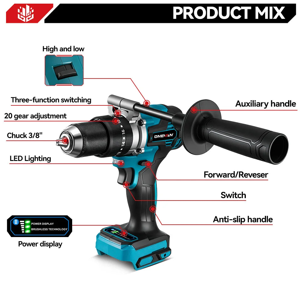 ONEVAN 13MM 650N.M Brushless Electric Impact Drill 20+3 Torque Electric Hammer Drill Power Tool For Makita 18V Battery Pin