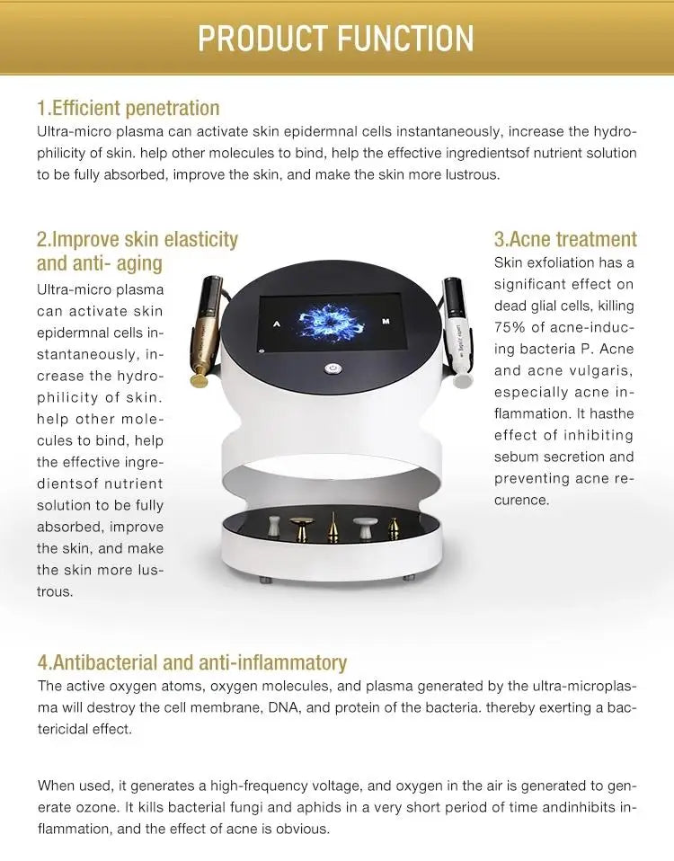2-in-1 Ozone Gold Plasma Pen facial lift device with digital screen, treatment wands, and tips for skin rejuvenation.