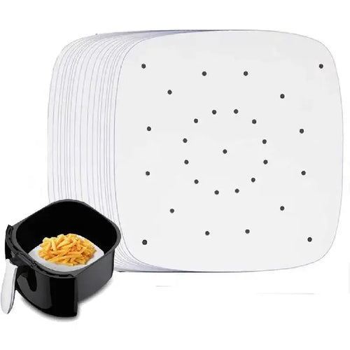 Square perforated white parchment paper liners, stacked with a loose liner