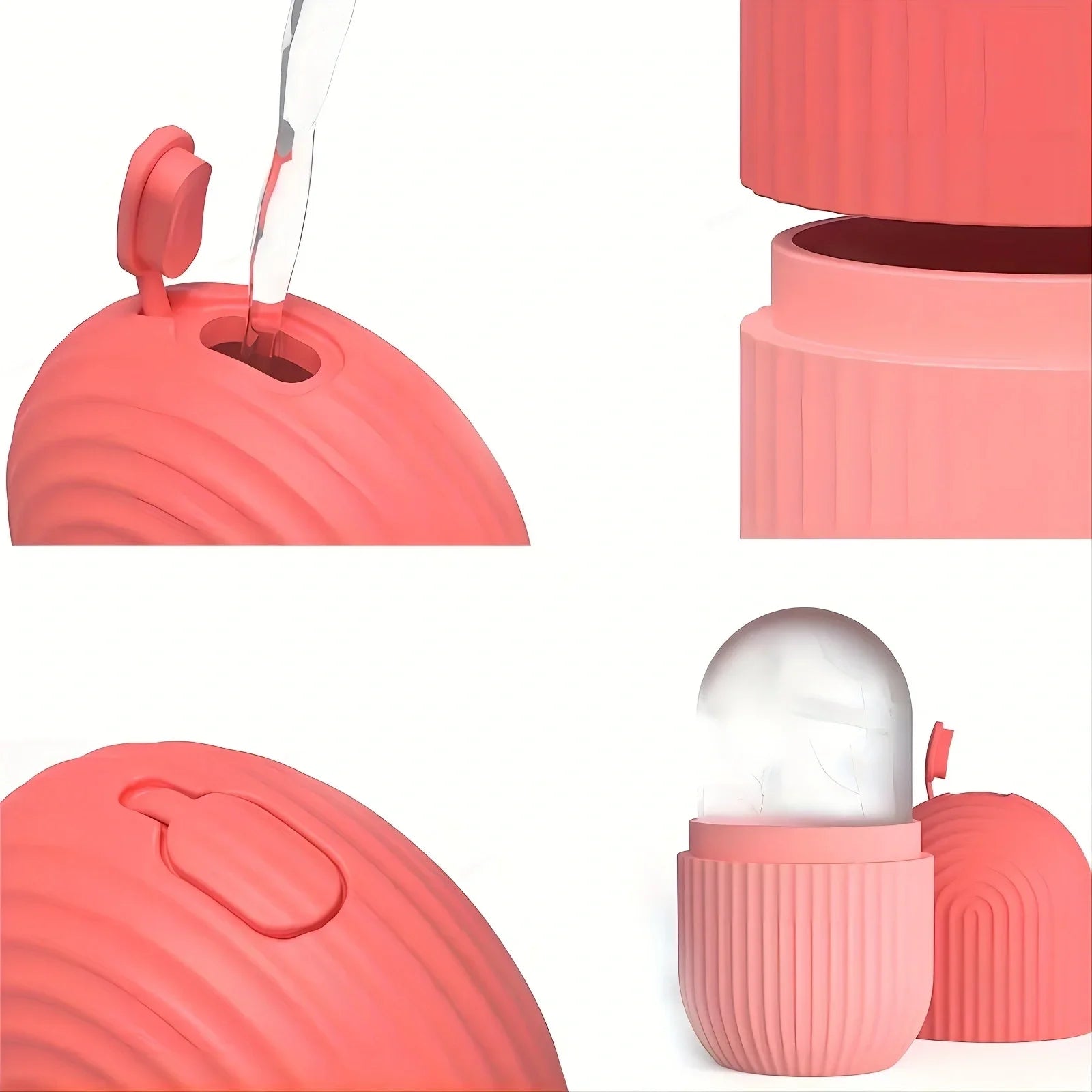 Collage of a pink, ribbed silicone facial ice roller being filled with water and showing a frozen ice mold insert.