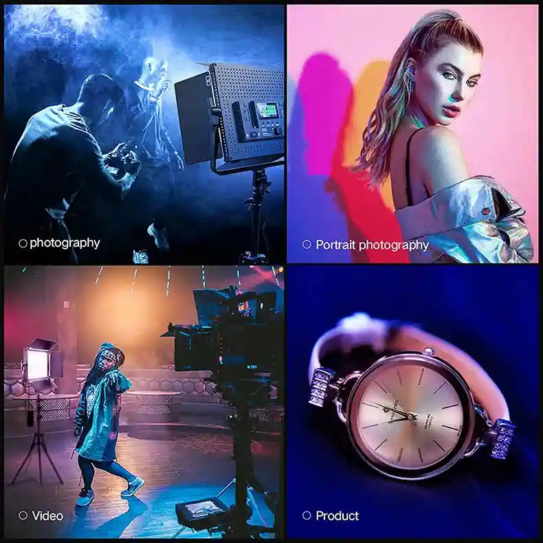 Four-panel grid showing LED light panels used for photography, video shoots, and close-up product lighting for a watch.