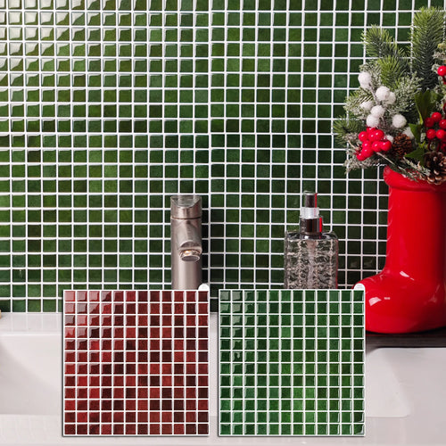 Removable square mosaic tile wall decals, green and red grid pattern with white grout