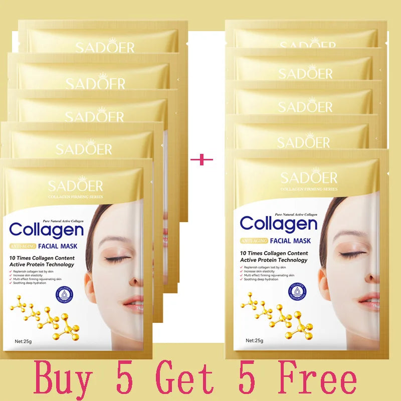Collagen facial mask bundle with multiple sachet packs and 'Buy 5 Get 5 Free' graphic