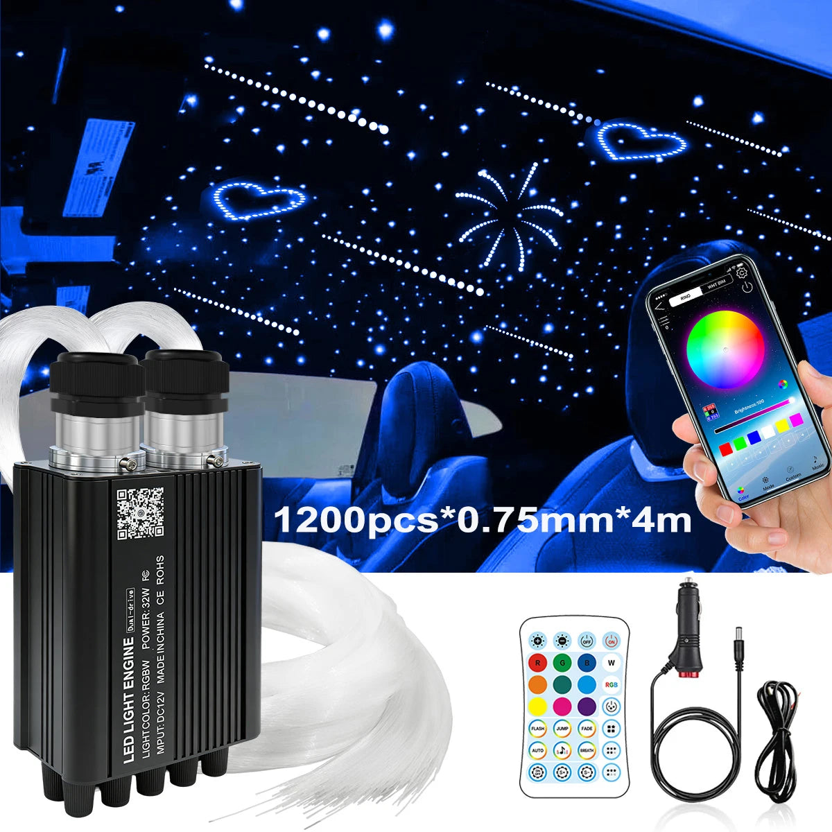 Fiber optic star light kit with 1200pcs 0.75mm 4m strands, LED engine, phone remote
