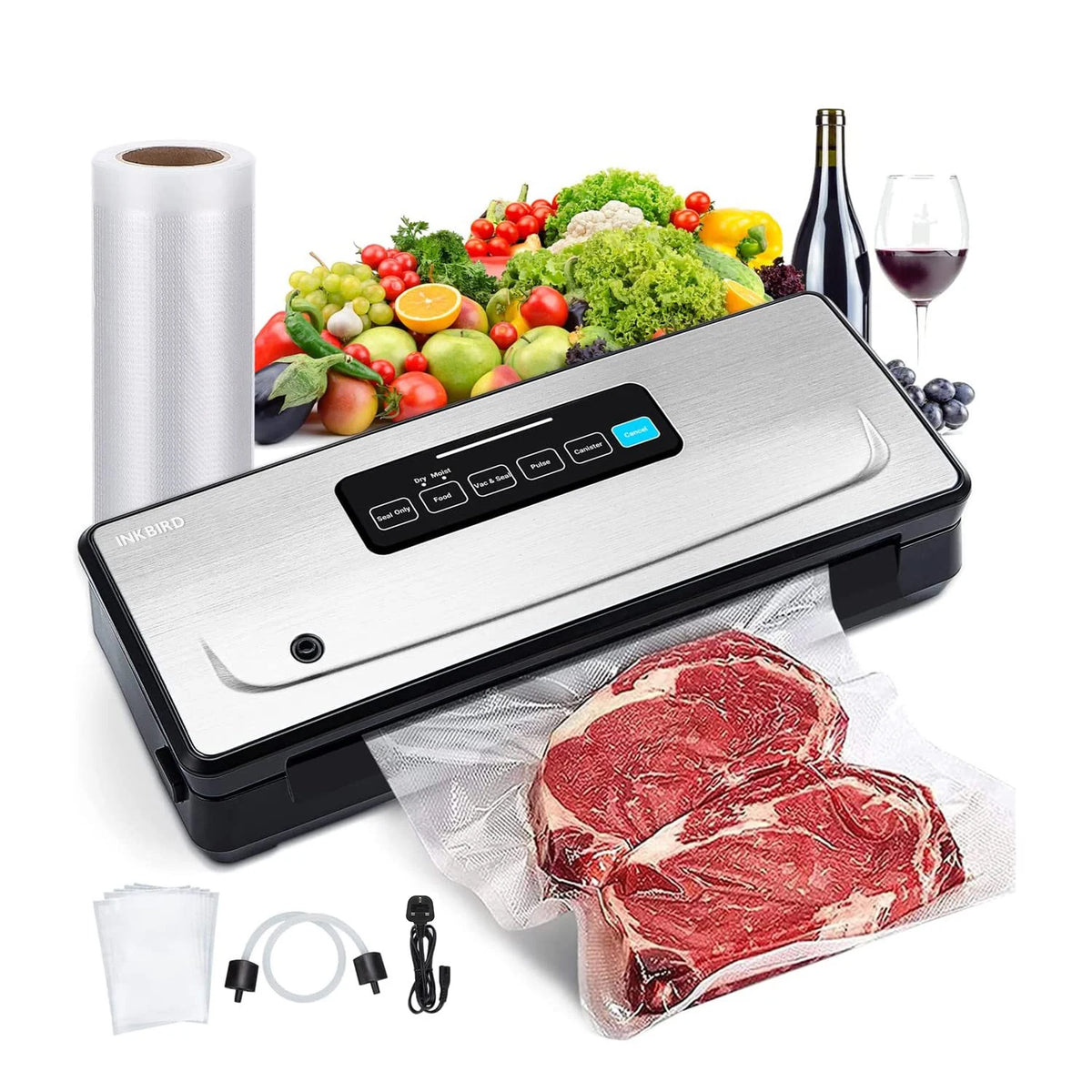 Vacuum food sealer with vacuum bags and roll accessory for sealing storage