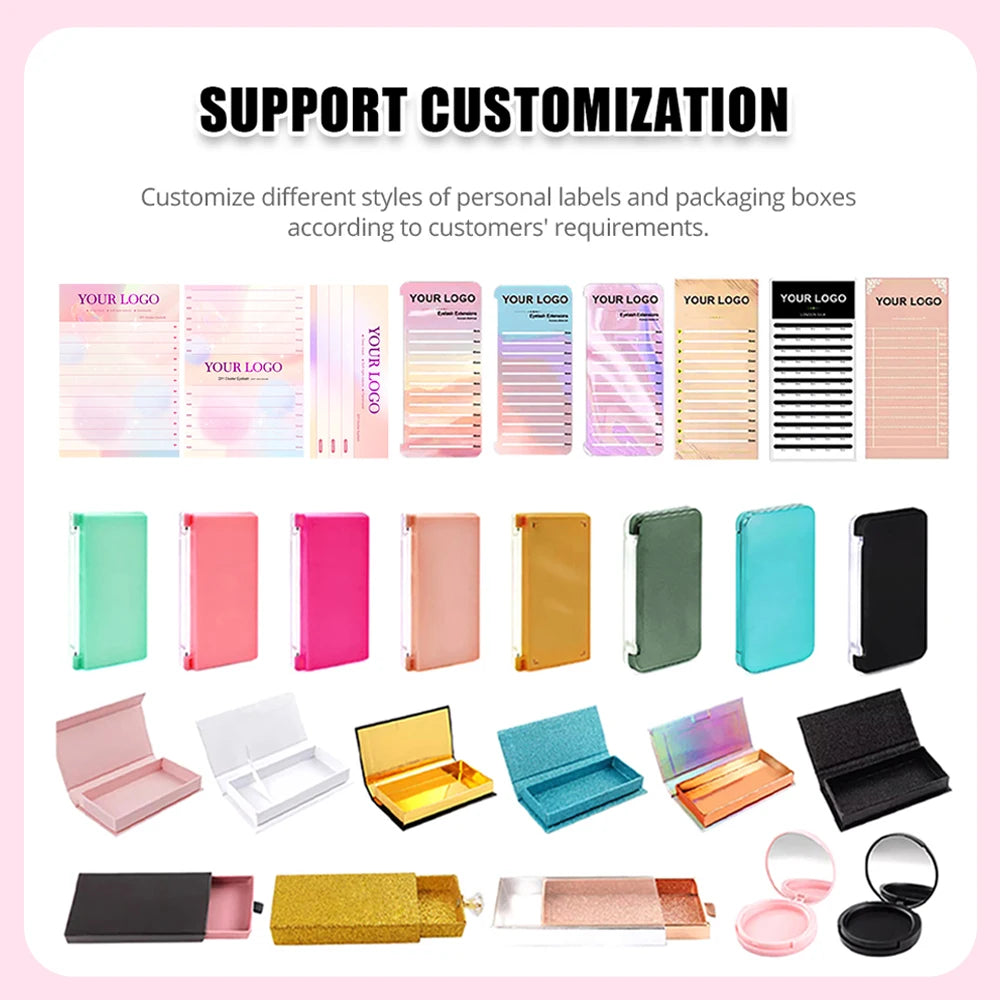 Assortment of customizable eyelash extension trays, colorful compact cases, and various lash packaging boxes.