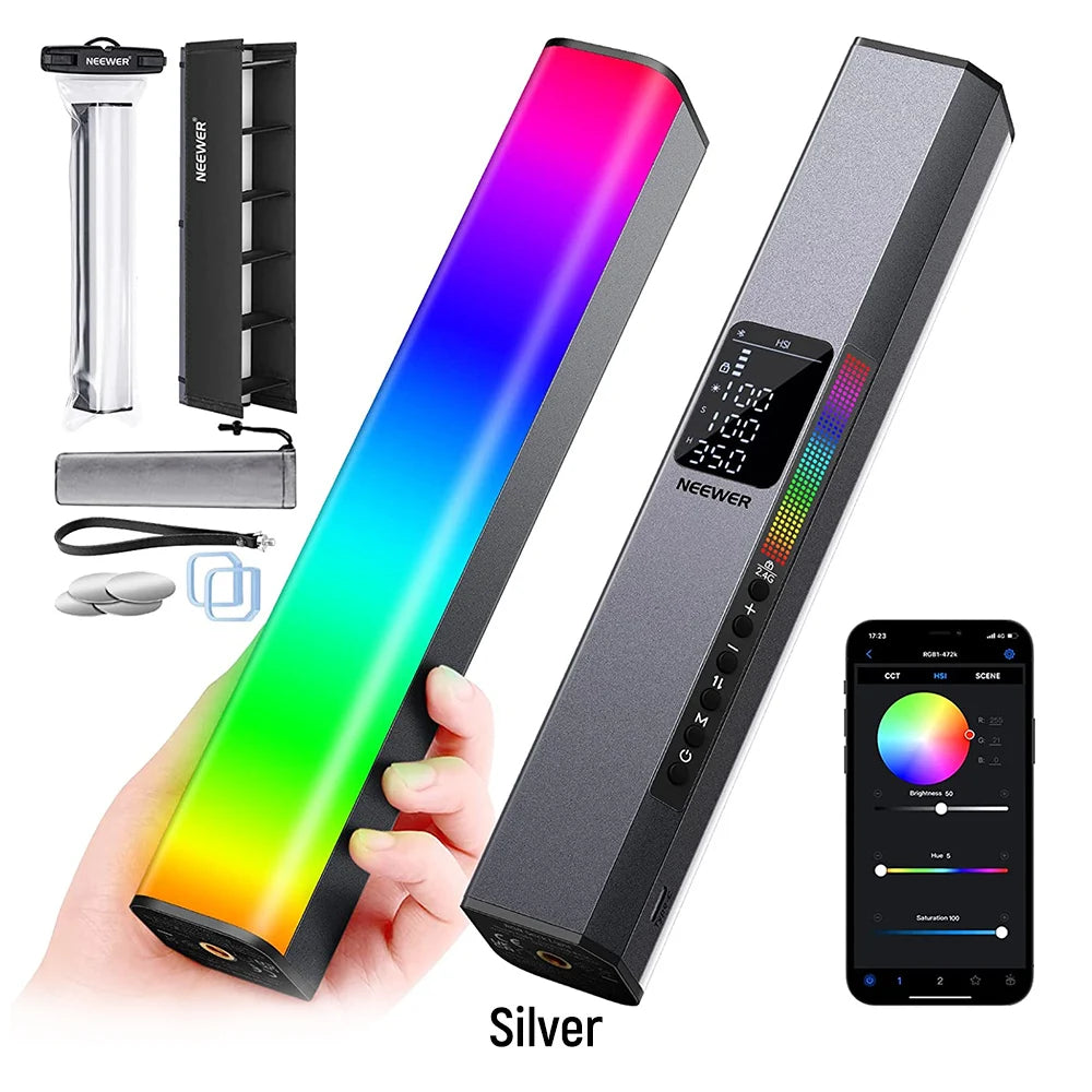 RGB LED light wand in silver housing, featuring a digital display, app control, and included grid, case, and strap.