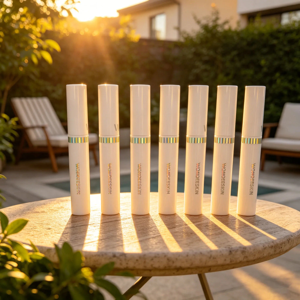 Wonderskin peel-off tattoo lip stain tubes in white packaging, displayed on an outdoor table at sunset.