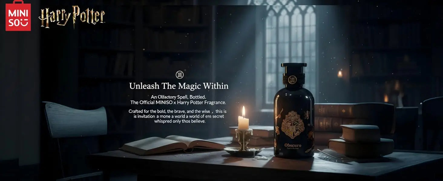 MINISO x Harry Potter Obscuro unisex woody floral perfume, 50ml black cylindrical bottle, long-lasting fragrance spray.