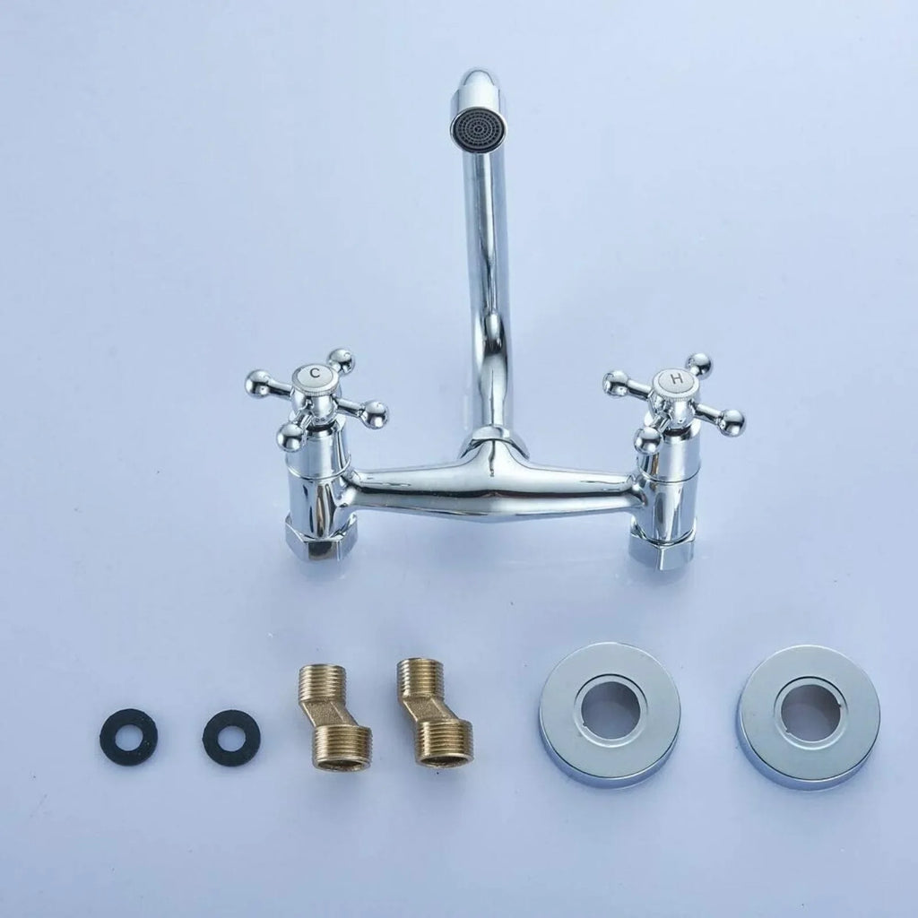 Dual Handle Brass Wall Mount Kitchen Faucet, Rotatable Spout Hot Cold Water Mixer Tap for Kitchen Sink