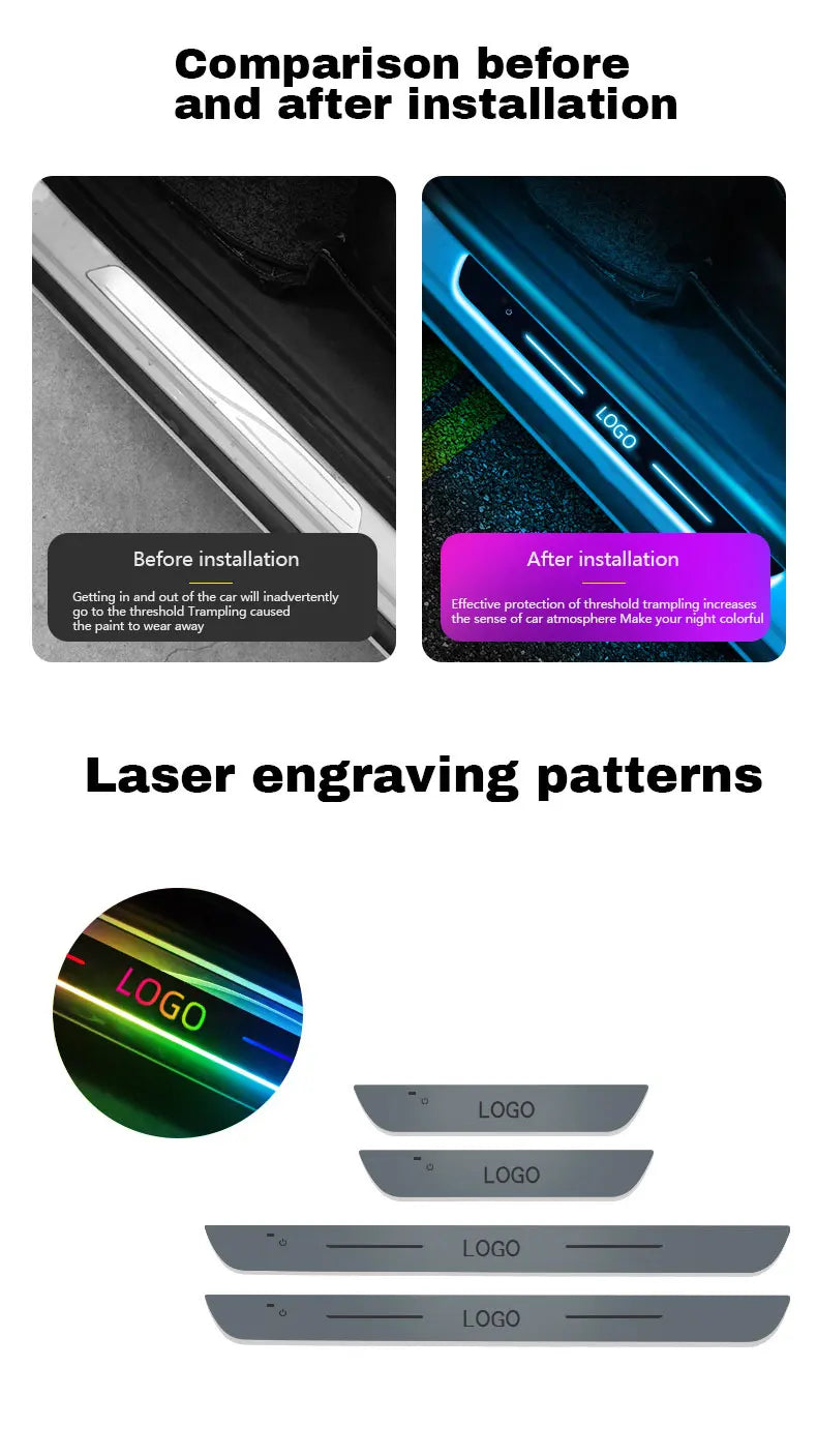LED car door sill protectors with laser-engraved logos to prevent paint wear and provide interior floor illumination.