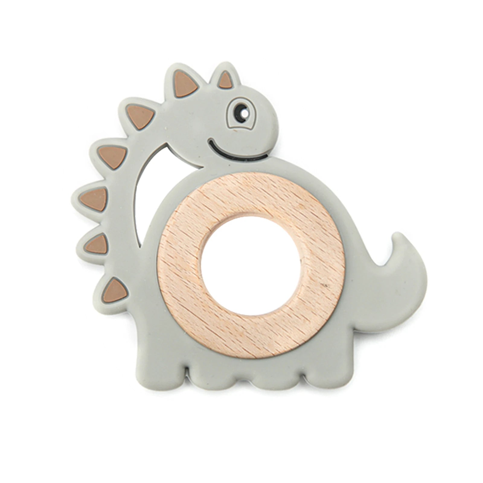 Grey dinosaur teething toy made of silicone and natural wood for baby teething relief.