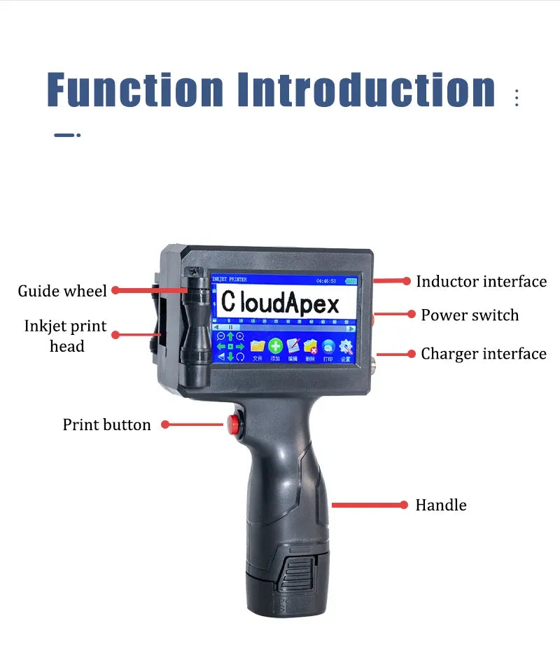 Handheld inkjet printer with touchscreen display and trigger handle, angled view