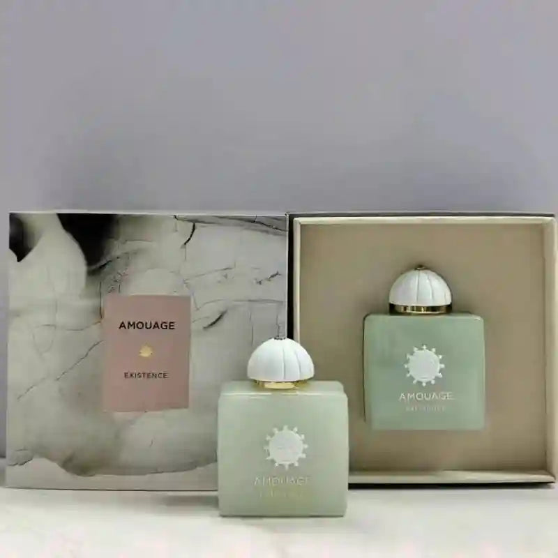 Amouage Existence unisex EDP: Square green bottle, luxury Arabic woody oriental perfume, long-lasting scent in gift box.