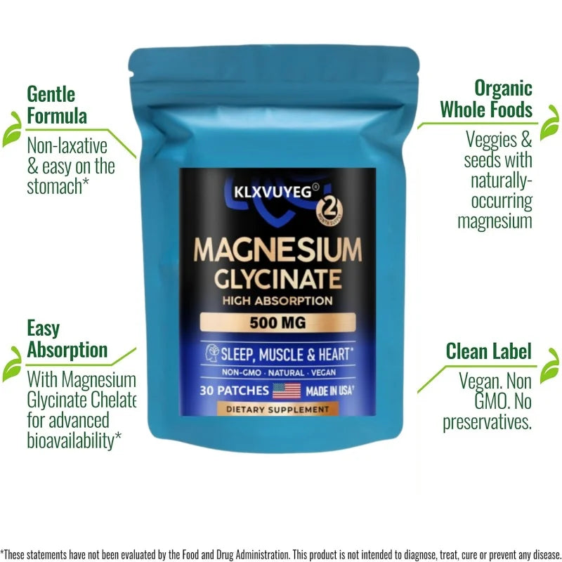 Magnesium Glycinate 500 mg - Supplement w/Vitamin D3 & B6 - Chelated - Support for Proper Sleep, Muscle & Heart Health, 30 Patch