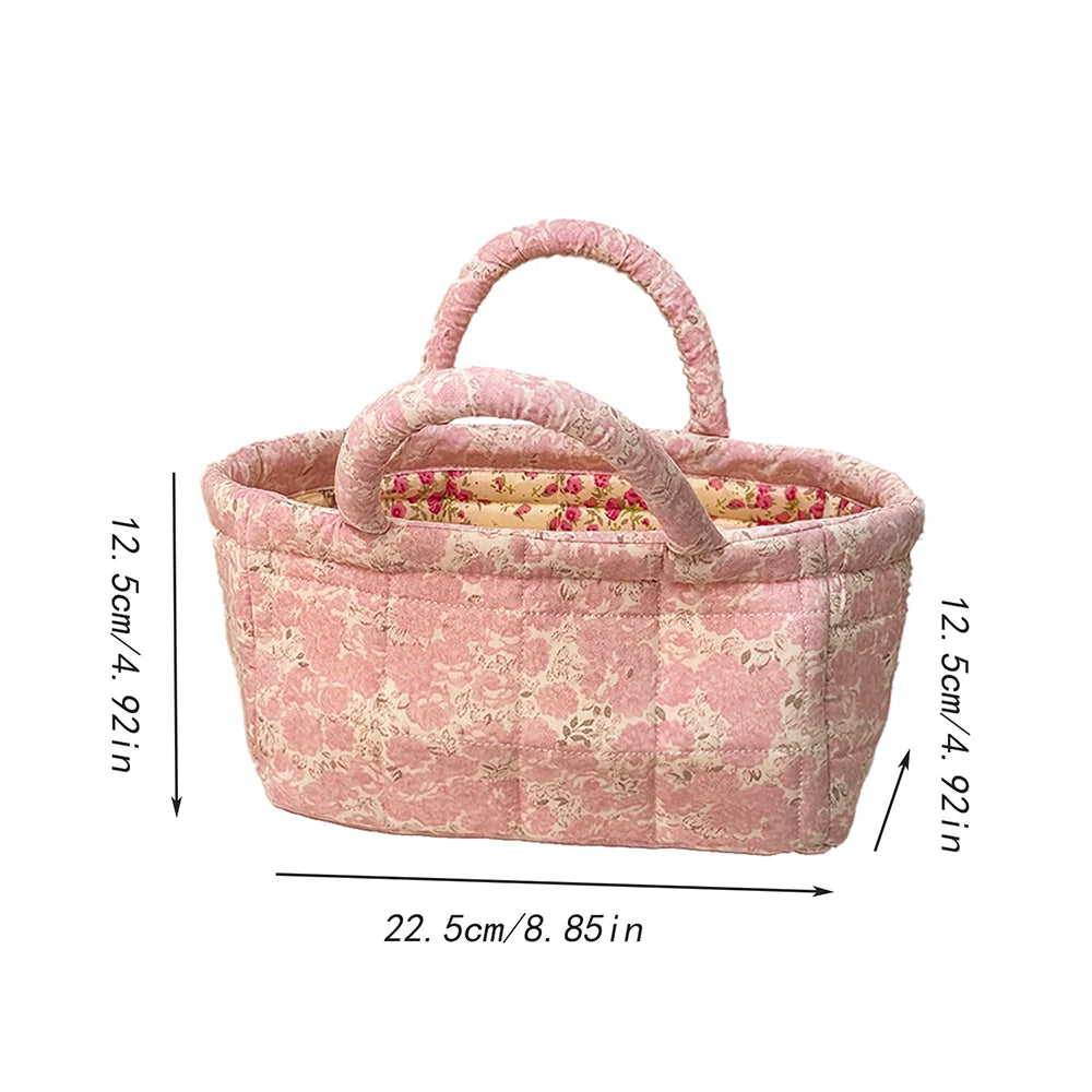 Airfriend Cute Pink Flower Organizers Basket With Handle Home Room Quilted Foldable Storage Basket For Pet Toys Organizer Basket