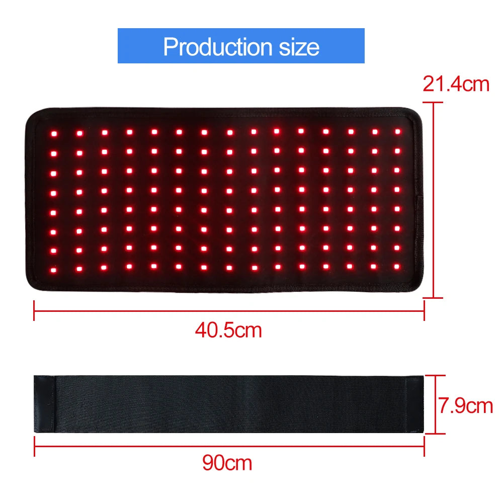 120 LED red light therapy waist belt for back pain relief with measurements shown in black wrap design.