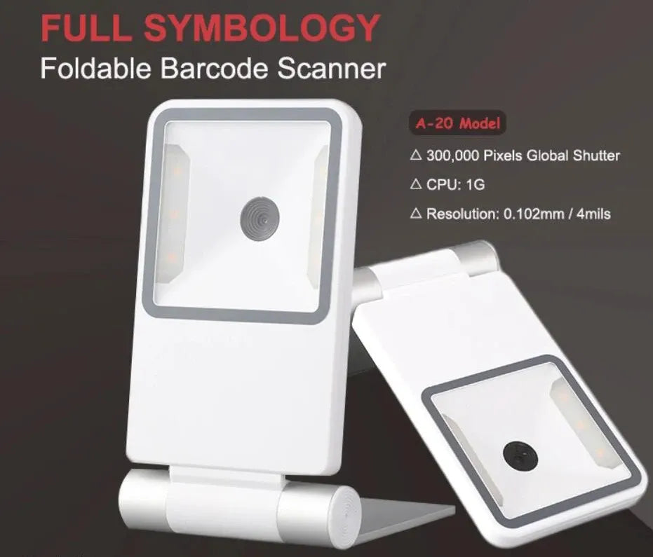 White foldable barcode scanner with upright display window and fold-out base