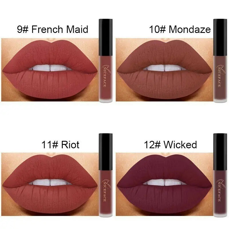 Four shades of long-lasting waterproof matte liquid lipstick with velvet texture on lips and product tubes.