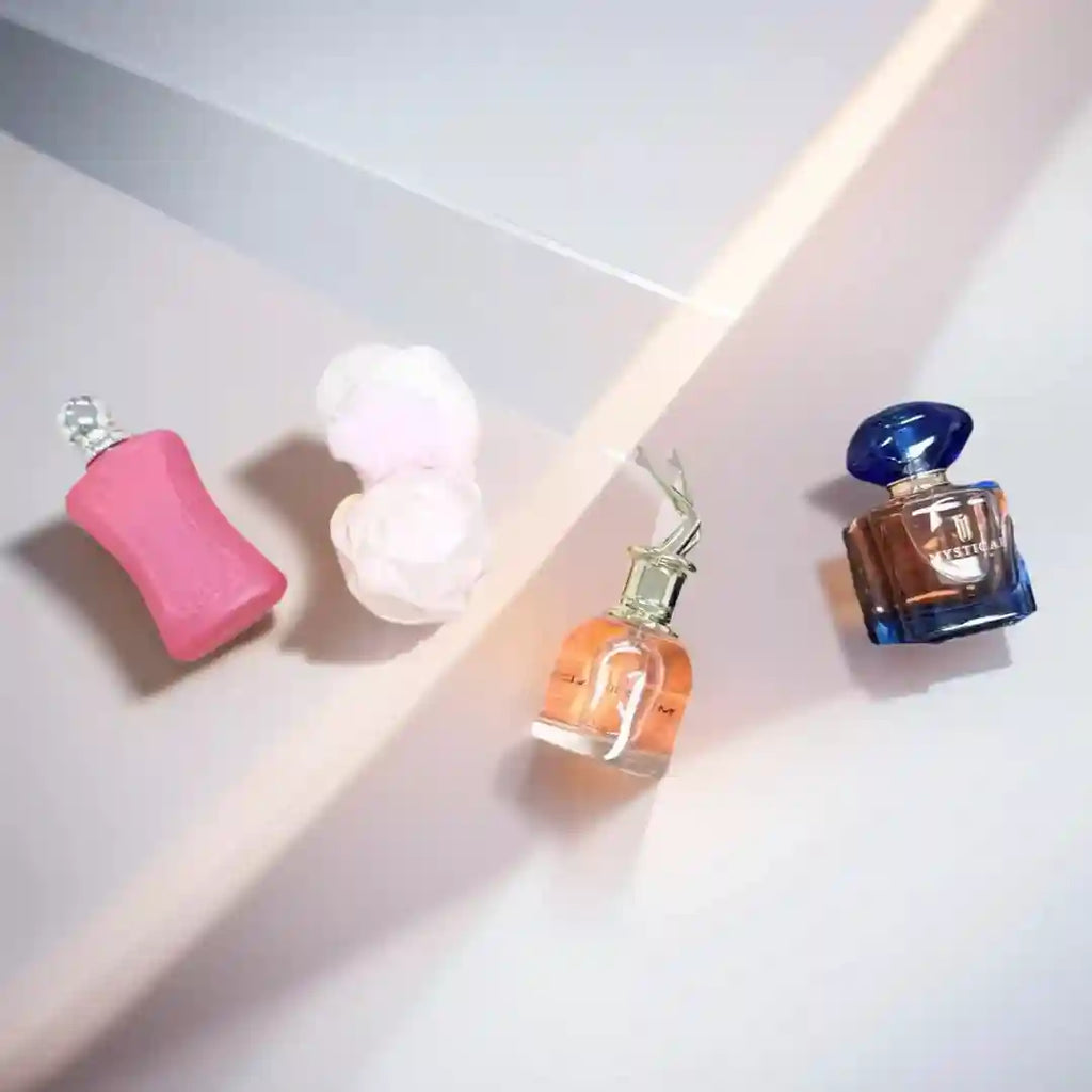 MYSTICAL perfume gift set, four assorted luxury fragrance bottles, fresh unisex scents for travel or birthday gifts.
