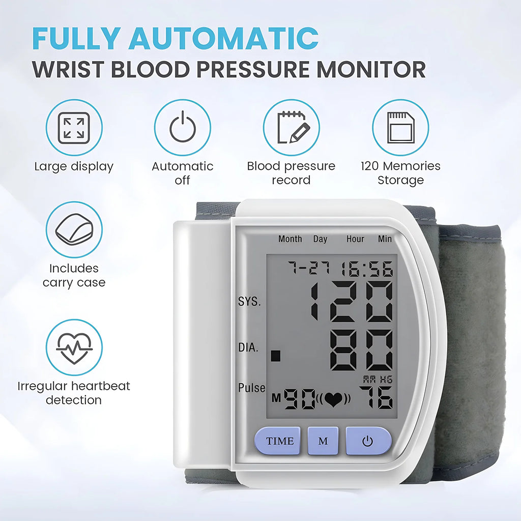 Wrist Blood Pressure Monitor Bp Monitor Large LCD Display Blood Pressure Machine Adjustable Wrist Cuff