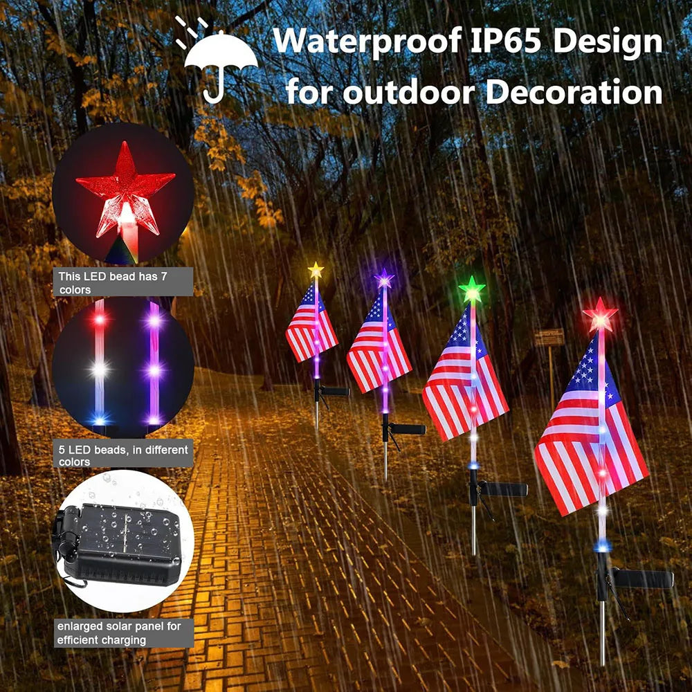 4Pcs LED American Flag Solar Lights Outdoor, 4th Of July Decoration Flag Lights with 2 Modes, Waterproof Summer Decora Garden Light, LED Solar Flag Patriotic Lights for Yard, Garden, Pathway, Independence Day, Memorial Day