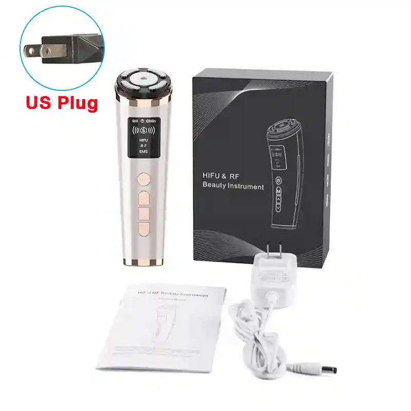 HIFU and RF facial beauty device with rose gold handle, digital display, US power adapter, and instruction manual.