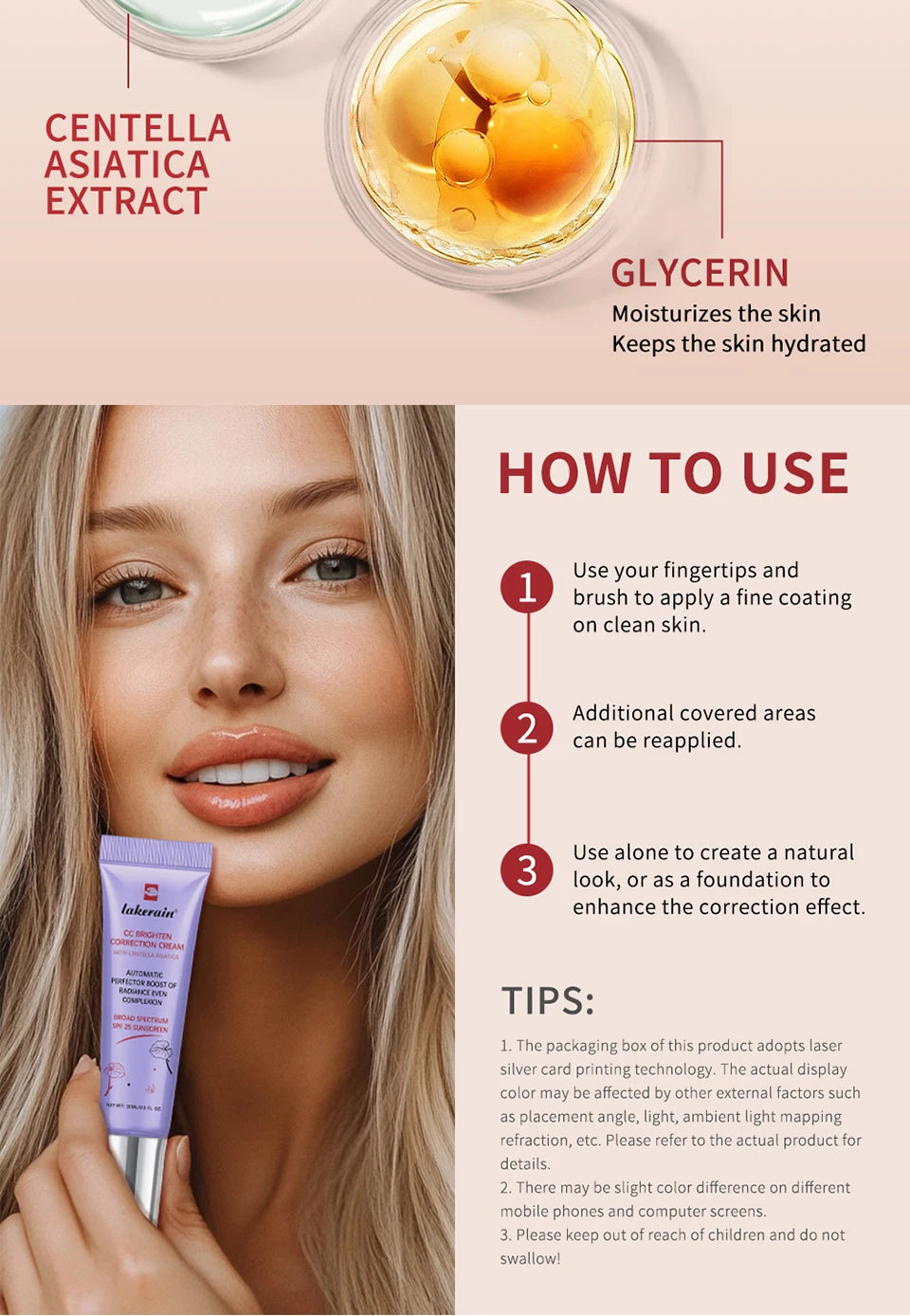 Tidesmit waterproof CC cream texture close-up for lasting moisturizing face makeup and skin correction