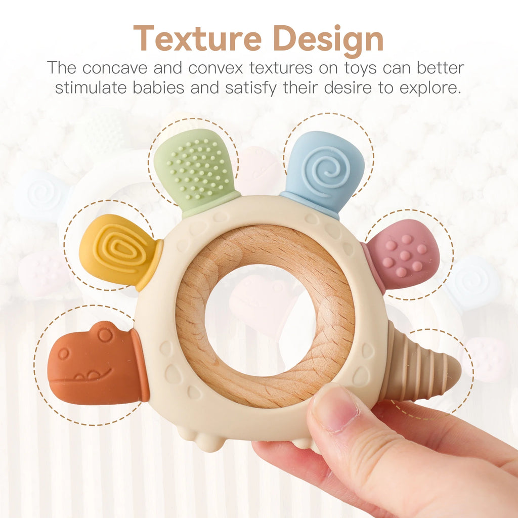 Baby Silicone Teether Toys,Perfect for Teething Toys 0-3-6 Months and Shower Gifts, BPA-Free, Ergonomic Dinosaur Wood Design.